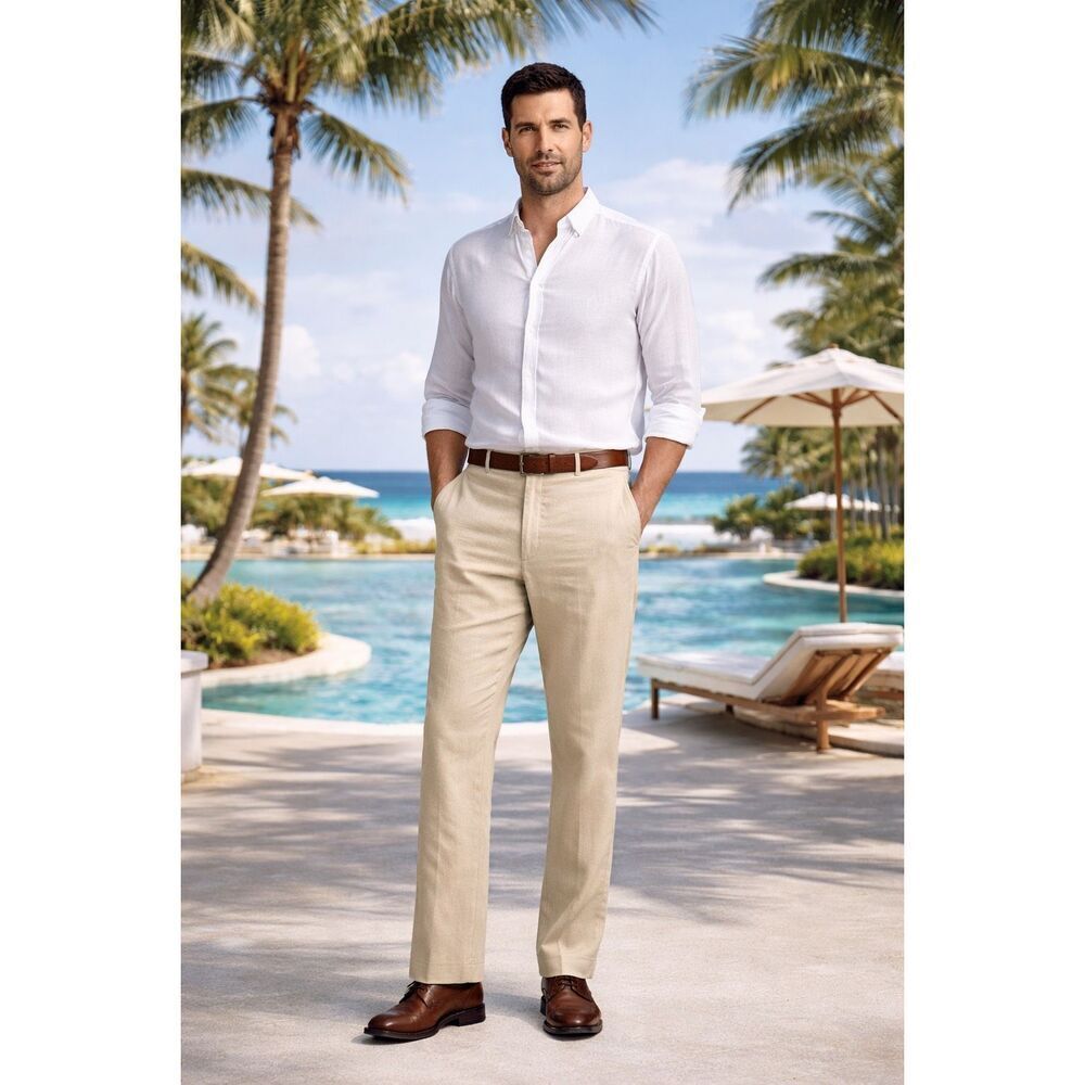 Tasso Elba Linen Pants 36x30 Beige Flat Front Summer Mens